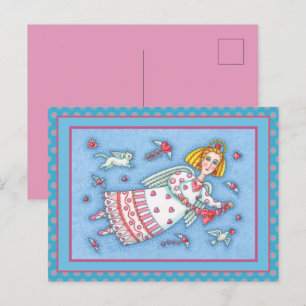 CARTÃO POSTAL DE FESTIVIDADES ARTE FOLCLÓRICA ANJO, GATO E CORAÇÕES VOADORES NO 