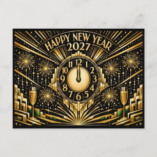Cartão Postal De Festividades Arte Glamurosa a Ouro Art Déco Ano Novo à Meia-Noi