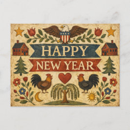 Cartão Postal De Festividades Arte Popular Americana Primitiva Ano Novo