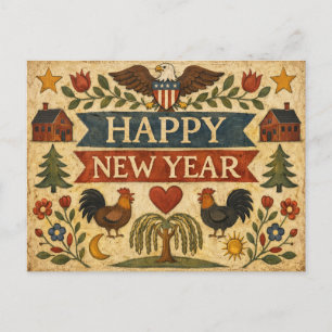 Cartão Postal De Festividades Arte Popular Americana Primitiva Ano Novo