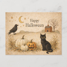Cartão Postal De Festividades Arte Popular do Dia das Bruxas Gato Preto Primitiv