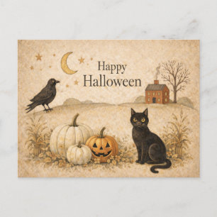 Cartão Postal De Festividades Arte Popular Primitiva de Gato Preto para o Hallow