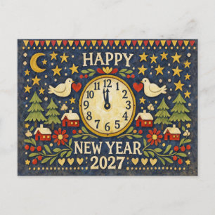 Cartão Postal De Festividades Arte Popular Rústica Feliz Ano Novo 2027