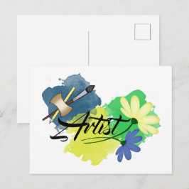 Cartão Postal De Festividades Artista. Desenho. Azul e amarelo. Pincel e