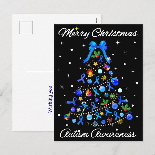 Cartão Postal De Festividades Árvore Azul de Natal Autismo (Frente/Verso)