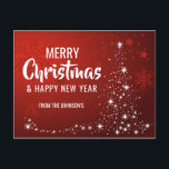 Cartão Postal De Festividades Árvore branca Feliz ano novo de Natal feliz<br><div class="desc">Personalize estes cartões postais de Natal modernos com cor de fundo em luzes brilhantes vermelhas e brancas e Árvore de Natal. Feliz Natal e Feliz ano novo de branco. Adicione o nome da família à frente ou exclua. Parte traseira da placa editável com opção adicionar mensagem ou excluir para a...</div>