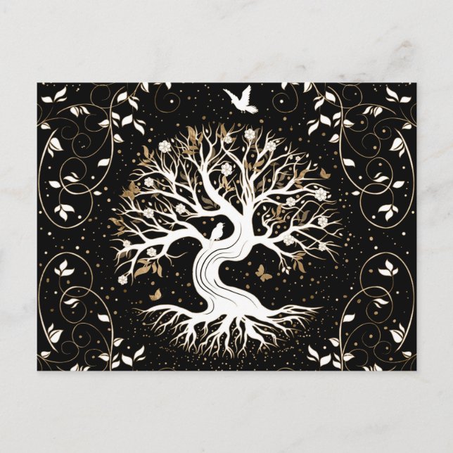 Cartão Postal De Festividades Árvore da Vida - Yggdrasil - branco preto e ouro (Frente)
