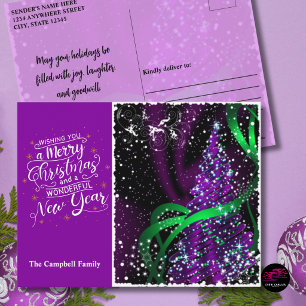 Cartão Postal De Festividades Árvore de Natal Abstrata Roxa com Fita Verde