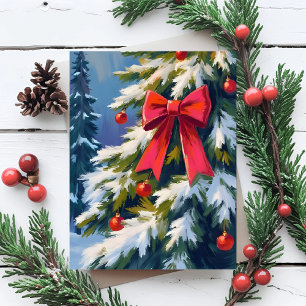 Cartão Postal De Festividades Árvore de Natal Alegre Laço Vermelho Pintura em Aq