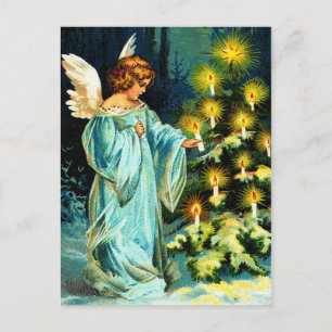 Cartão Postal De Festividades Árvore de Natal Anjo Decorando