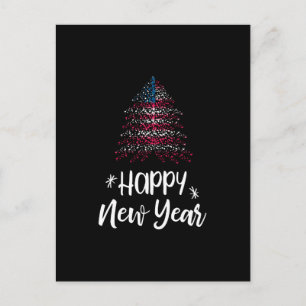Cartão Postal De Festividades Árvore de Natal Ano Novo feliz com bandeira americ