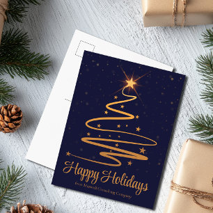 Cartão Postal De Festividades Árvore de Natal Azul Marinho Elegante Dourada