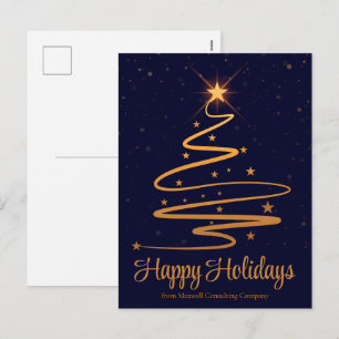 Cartão Postal De Festividades Árvore de Natal Azul Marinho Elegante Dourada