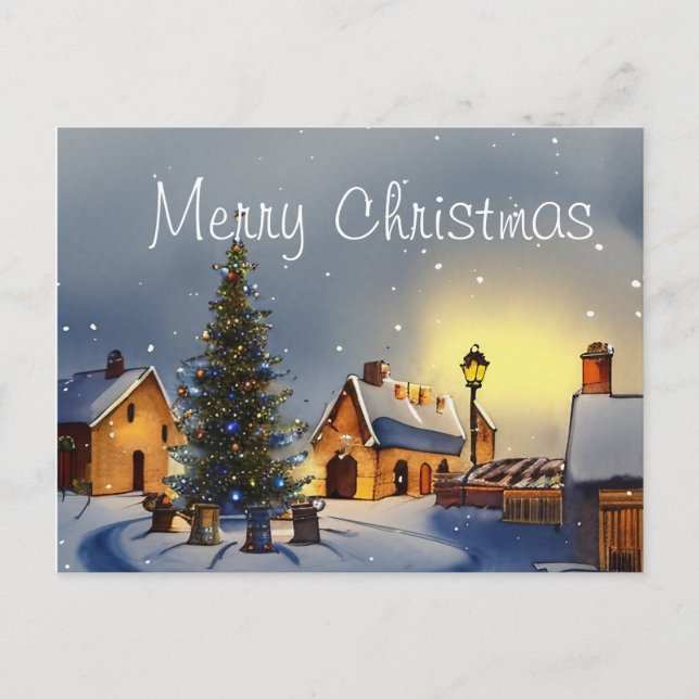 Cartão Postal De Festividades Árvore de Natal cercada por Casas na Vila (Frente)