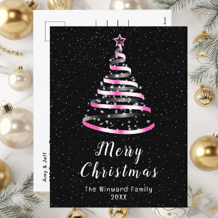 Cartão Postal De Festividades Árvore de Natal com Fita Rosa e Preta Feliz Natal