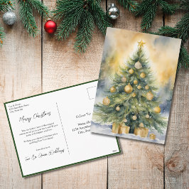 Cartão Postal De Festividades Árvore de Natal com Letra Elegante em Aquarela sem