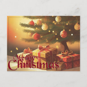 Cartão Postal De Festividades Árvore de Natal com Presentes Dourados