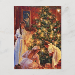 Cartão Postal De Festividades Árvore de Natal da Vintage Family Decorando