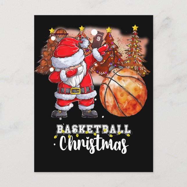 Cartão Postal De Festividades Árvore de Natal de basquete e Papai Noel (Frente)