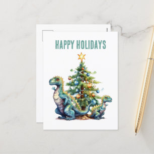 Cartão Postal De Festividades Árvore de Natal de dinossauro aquarela