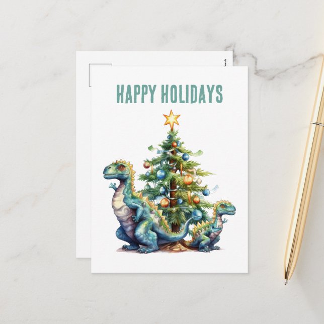 Cartão Postal De Festividades Árvore de Natal de dinossauro aquarela (Frente/Verso In Situ)