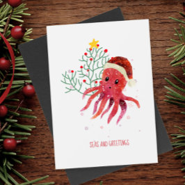 Cartão Postal De Festividades Árvore de Natal de Octopus e Saudações