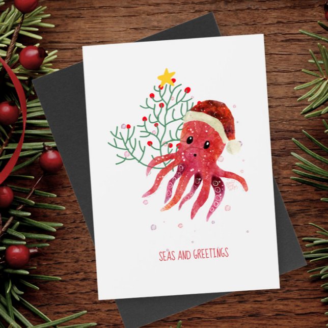 Cartão Postal De Festividades Árvore de Natal de Octopus e Saudações (Criador carregado)