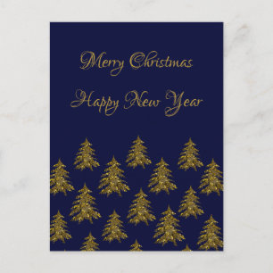 Cartão Postal De Festividades Árvore de Natal de ouro cintilante no Natal azul