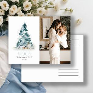 Cartão Postal De Festividades Árvore de Natal de presente de foto de aquarela de