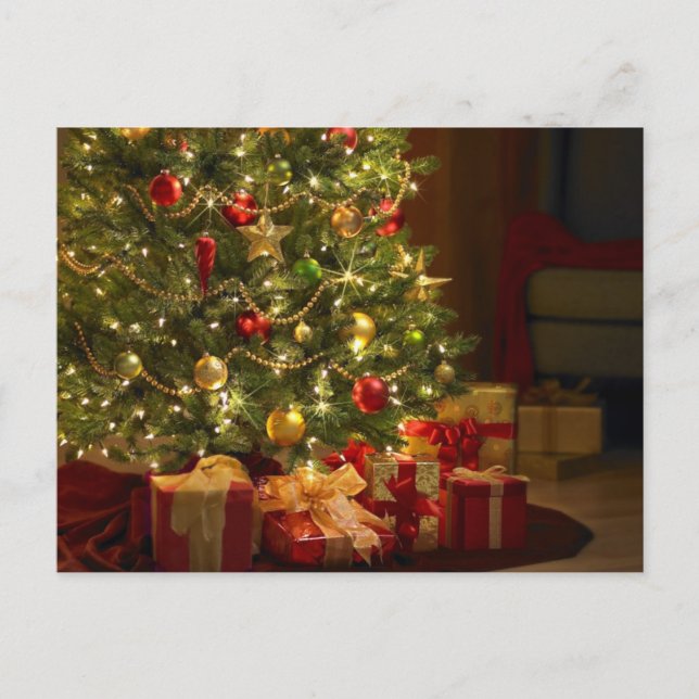 Cartão Postal De Festividades Árvore de Natal e presentes (Frente)