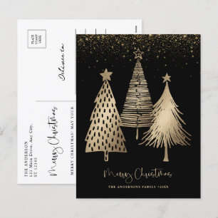 Cartão Postal De Festividades Árvore de Natal Elegante em Dourado com Brilho de 