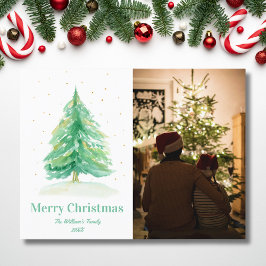 Cartão Postal De Festividades Árvore de Natal em Aquarela Com Neve Dourada