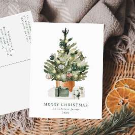 Cartão Postal De Festividades Árvore de Natal em Aquarela Elegante Sem Foto