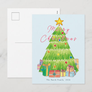 Cartão Postal De Festividades Árvore de Natal em Aquarela Festa de Fim de Ano