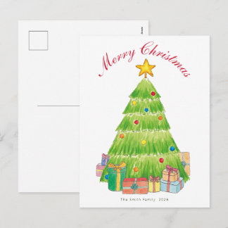 Cartão Postal De Festividades Árvore de Natal em Aquarela Festiva com Nome Perso