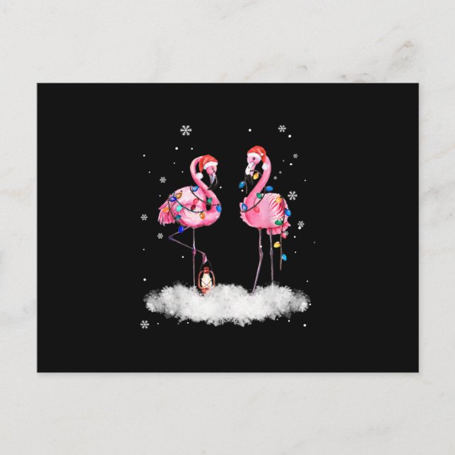 Cartão Postal De Festividades Árvore de Natal Flamingo Chapéu de Papai Noel Luz (Frente)