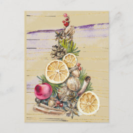 Cartão Postal De Festividades Árvore de Natal Frutas Secas, Nozes, Dourado Roxo