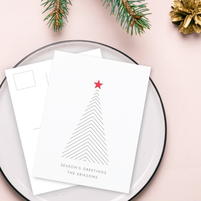 Cartão Postal De Festividades Árvore de Natal mínima | Red Star Clean Simple (Share festive Scandi charm with a modern minimalist Christmas Tree postcard by Guava)