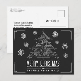 Cartão Postal De Festividades Árvore de Natal Moderno Deco Flocos de Neve Branco