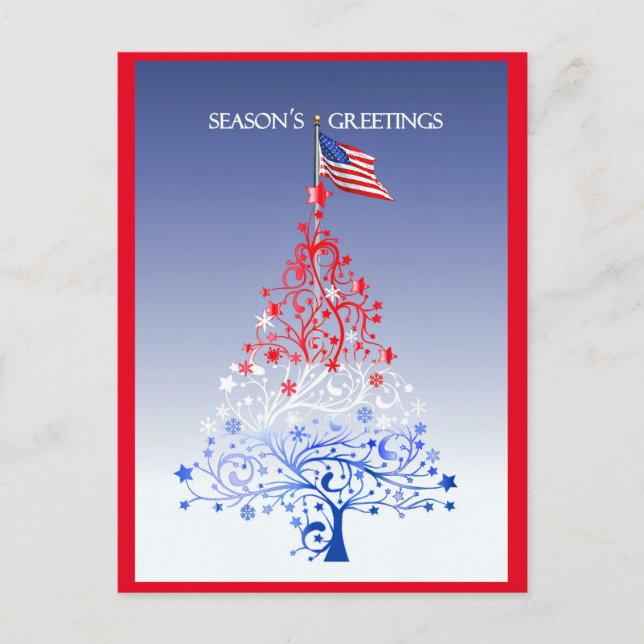 Cartão Postal De Festividades Árvore de Natal patriótica com bandeira americana (Frente)