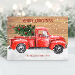 Cartão Postal De Festividades Árvore de Natal Russo Vintage Red Truck Nome<br><div class="desc">Este cartão de Natal ruivo de caminhão vermelho apresenta um caminhão vermelho rústico com árvore de Natal e neve sobre um fundo de madeira. Personalize com seus nomes e saudações personalizados.</div>