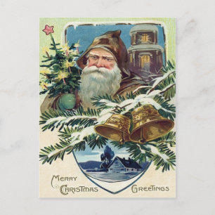 Cartão Postal De Festividades Árvore de Natal Sino Papai Noel Estrela
