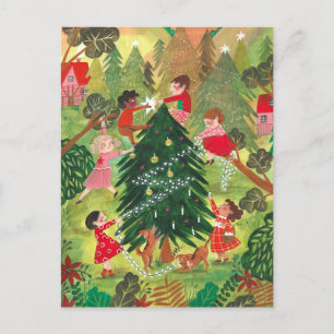 Cartão Postal De Festividades Árvore de Natal verde decorada crianças fofas Holi