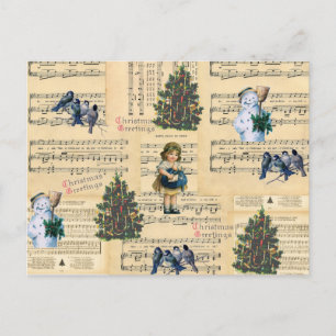 Cartão Postal De Festividades Árvore de Natal Vintage Homem de Neve Música Feria