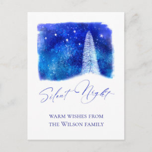 Cartão Postal De Festividades Árvore de neve de Natal azul e branca Silent Night
