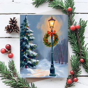 Cartão Postal De Festividades Árvore de Poste de Luz com Coroa de Natal