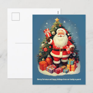 Cartão Postal De Festividades Árvore natalícia Santa Claus dá presente