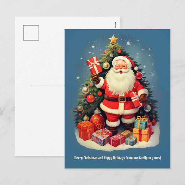 Cartão Postal De Festividades Árvore natalícia Santa Claus dá presente (Frente/Verso)