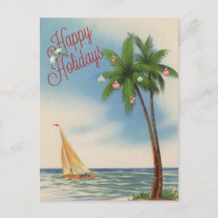 Cartão Postal De Festividades Árvore Palm de Férias Felizes e veleiro