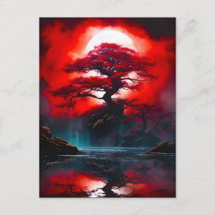 Cartão Postal De Festividades Árvore Vermelha Mística Sob Lua Cheia